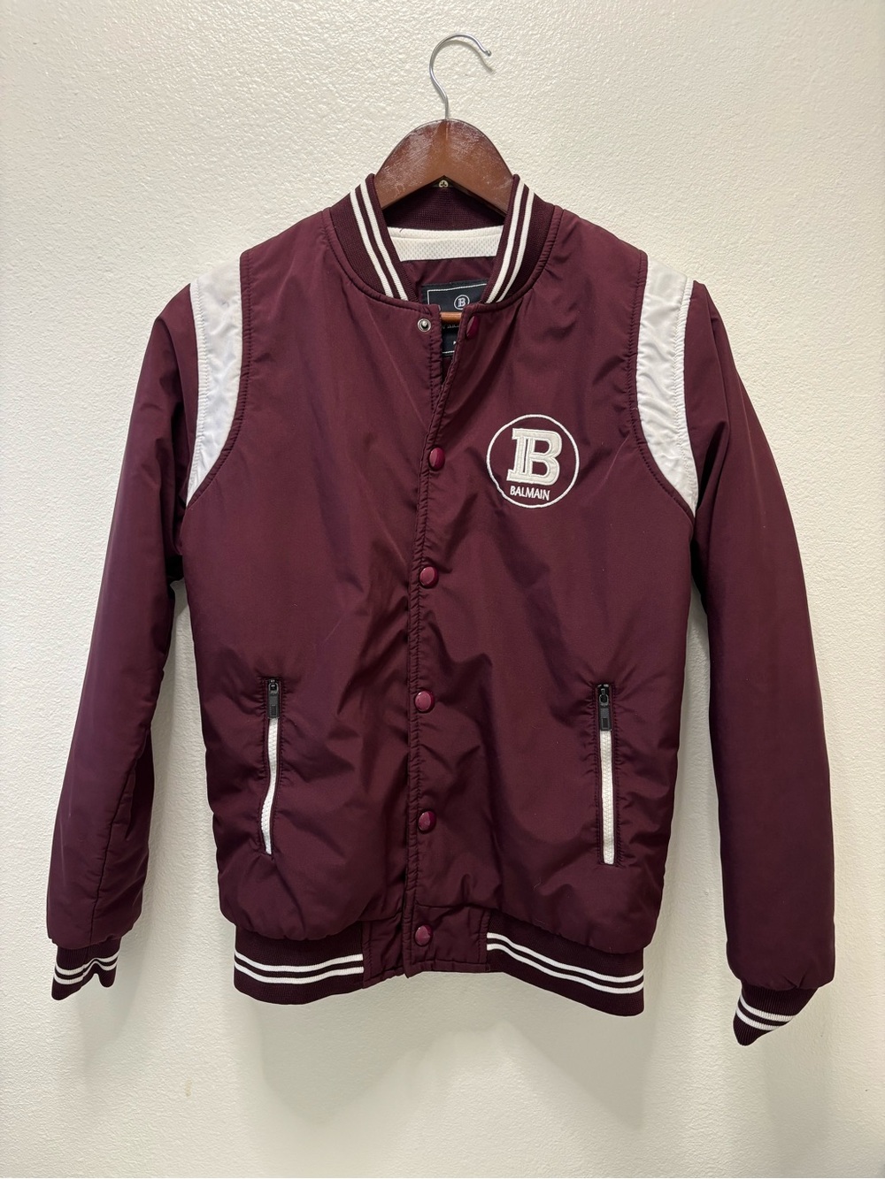 Balmain size M youth, Burgundy and White Varsity Bomber Jacket woman’s Small